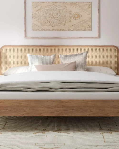 Modern wooden bed with bedside lamps
